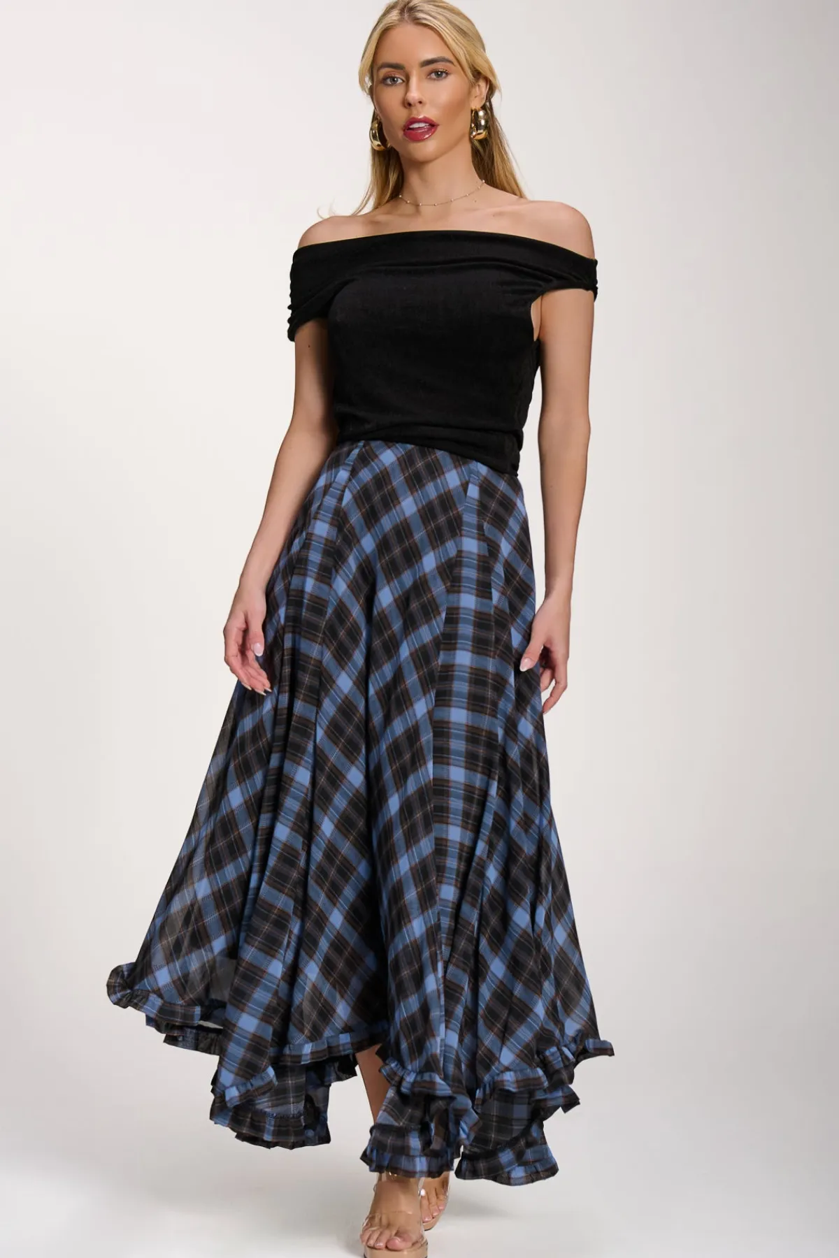 Jolie Moi Skirts|Weekend Casuals-Checked Chiffon Hanky Hem Maxi Skirt, Blue Check