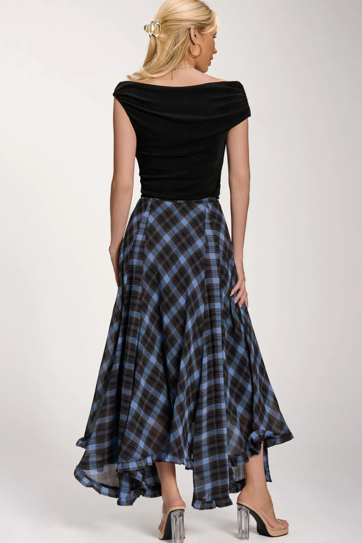 Jolie Moi Skirts|Weekend Casuals-Checked Chiffon Hanky Hem Maxi Skirt, Blue Check