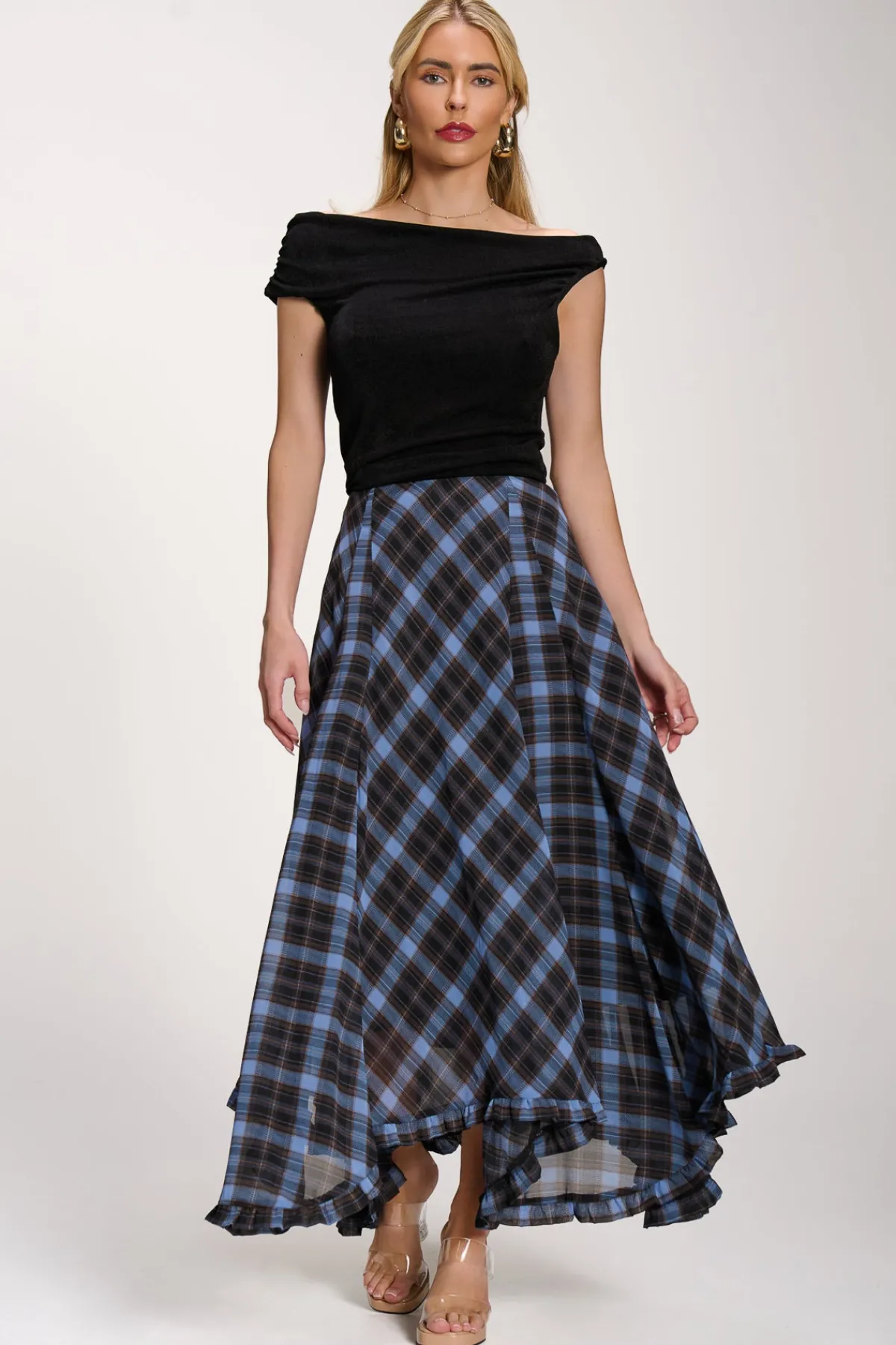Jolie Moi Skirts|Weekend Casuals-Checked Chiffon Hanky Hem Maxi Skirt, Blue Check