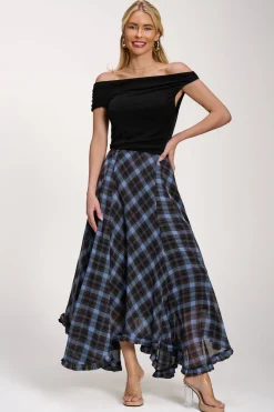 Jolie Moi Skirts|Weekend Casuals-Checked Chiffon Hanky Hem Maxi Skirt, Blue Check