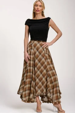 Jolie Moi Skirts-Checked Chiffon Hanky Hem Maxi Skirt, Brown Check