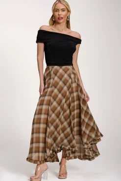 Jolie Moi Skirts-Checked Chiffon Hanky Hem Maxi Skirt, Brown Check