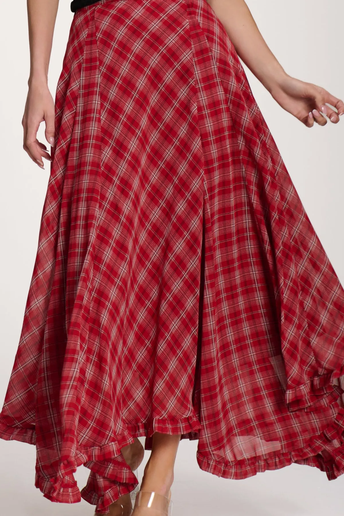 Jolie Moi Skirts|Weekend Casuals-Checked Chiffon Hanky Hem Maxi Skirt, Red Check