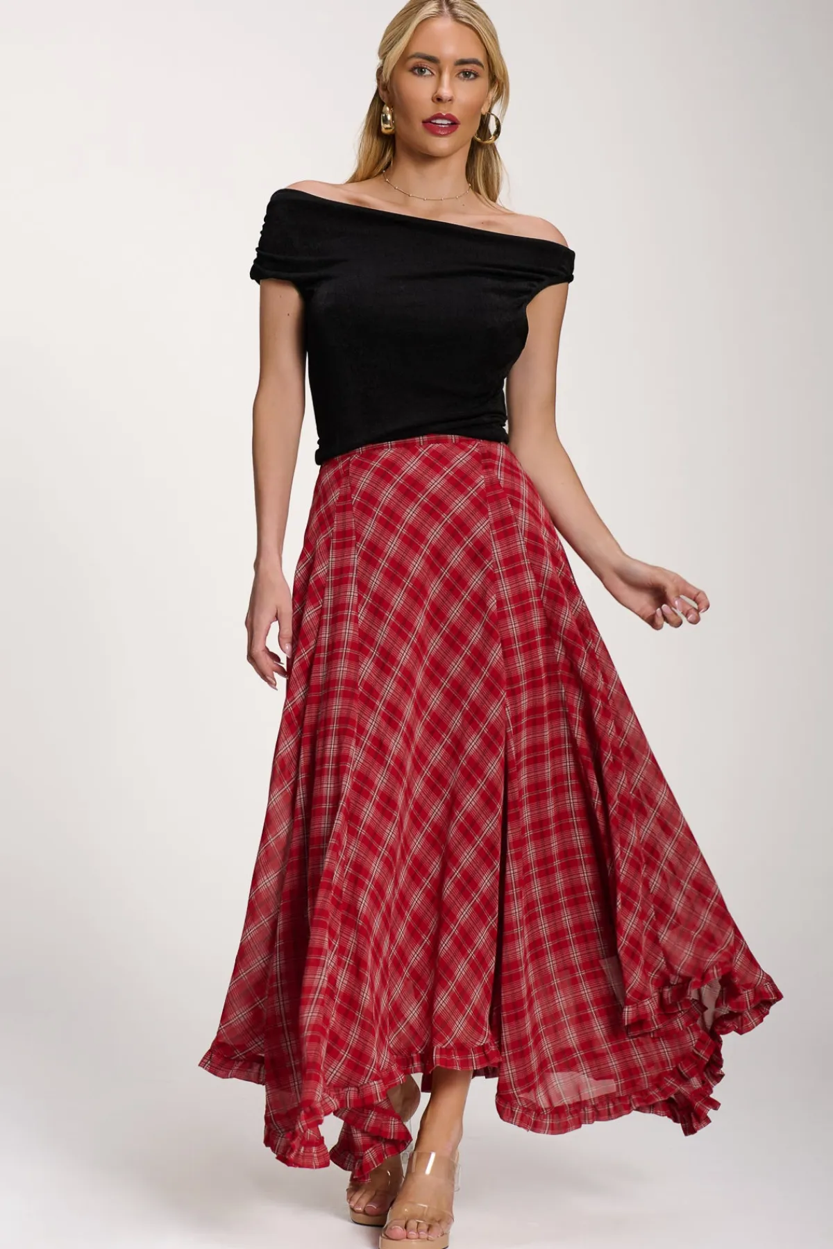 Jolie Moi Skirts|Weekend Casuals-Checked Chiffon Hanky Hem Maxi Skirt, Red Check