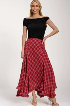 Jolie Moi Skirts|Weekend Casuals-Checked Chiffon Hanky Hem Maxi Skirt, Red Check