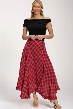 Jolie Moi Skirts|Weekend Casuals-Checked Chiffon Hanky Hem Maxi Skirt, Red Check