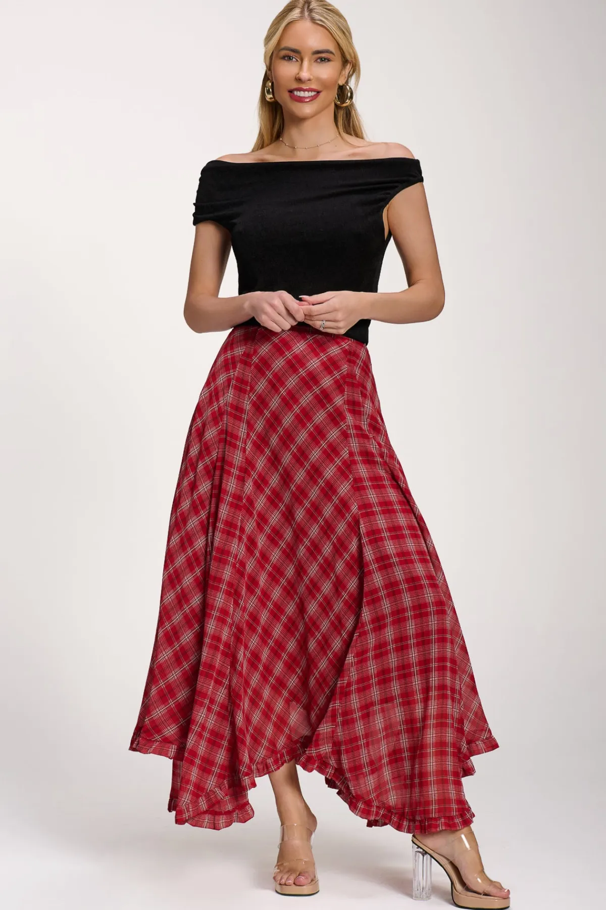 Jolie Moi Skirts|Weekend Casuals-Checked Chiffon Hanky Hem Maxi Skirt, Red Check