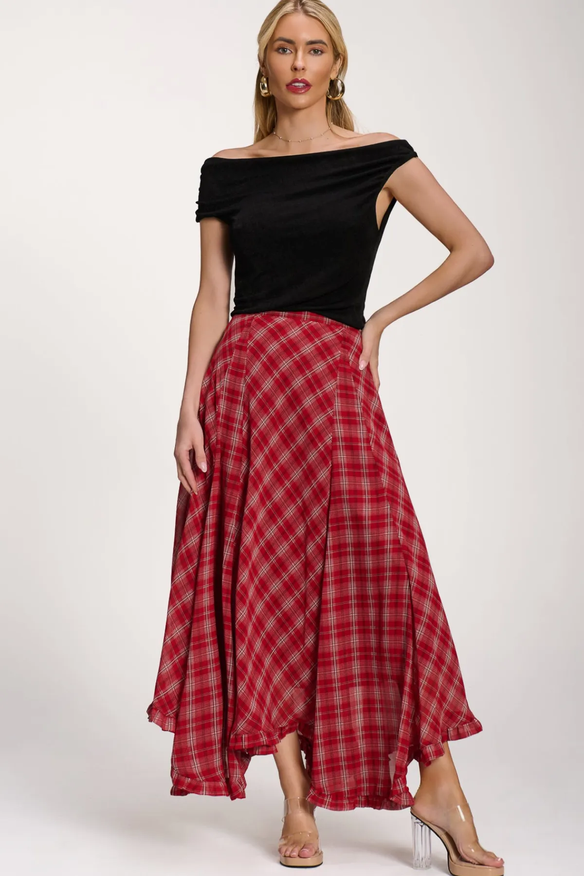 Jolie Moi Skirts|Weekend Casuals-Checked Chiffon Hanky Hem Maxi Skirt, Red Check