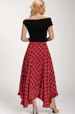 Jolie Moi Skirts|Weekend Casuals-Checked Chiffon Hanky Hem Maxi Skirt, Red Check