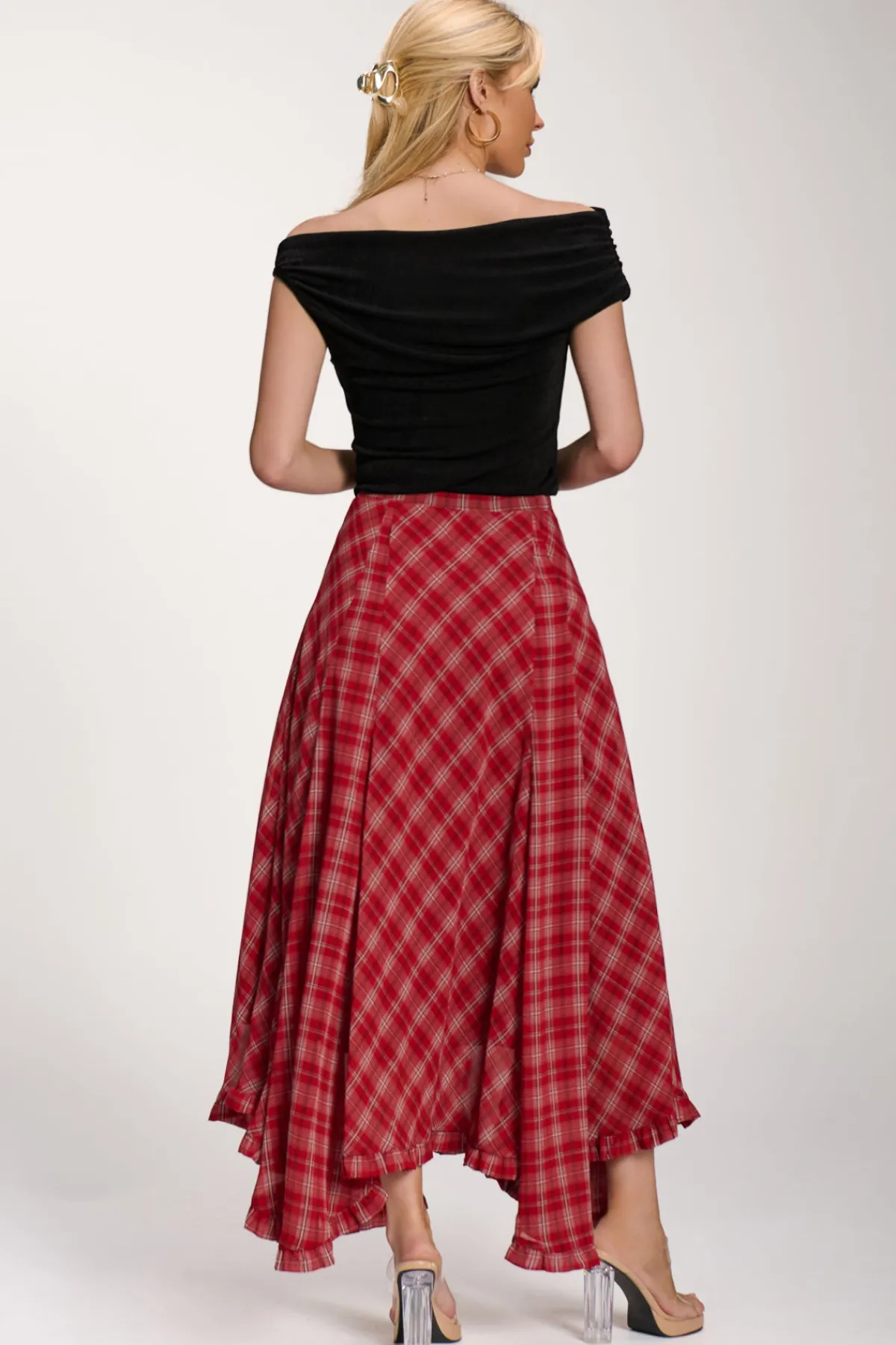 Jolie Moi Skirts|Weekend Casuals-Checked Chiffon Hanky Hem Maxi Skirt, Red Check