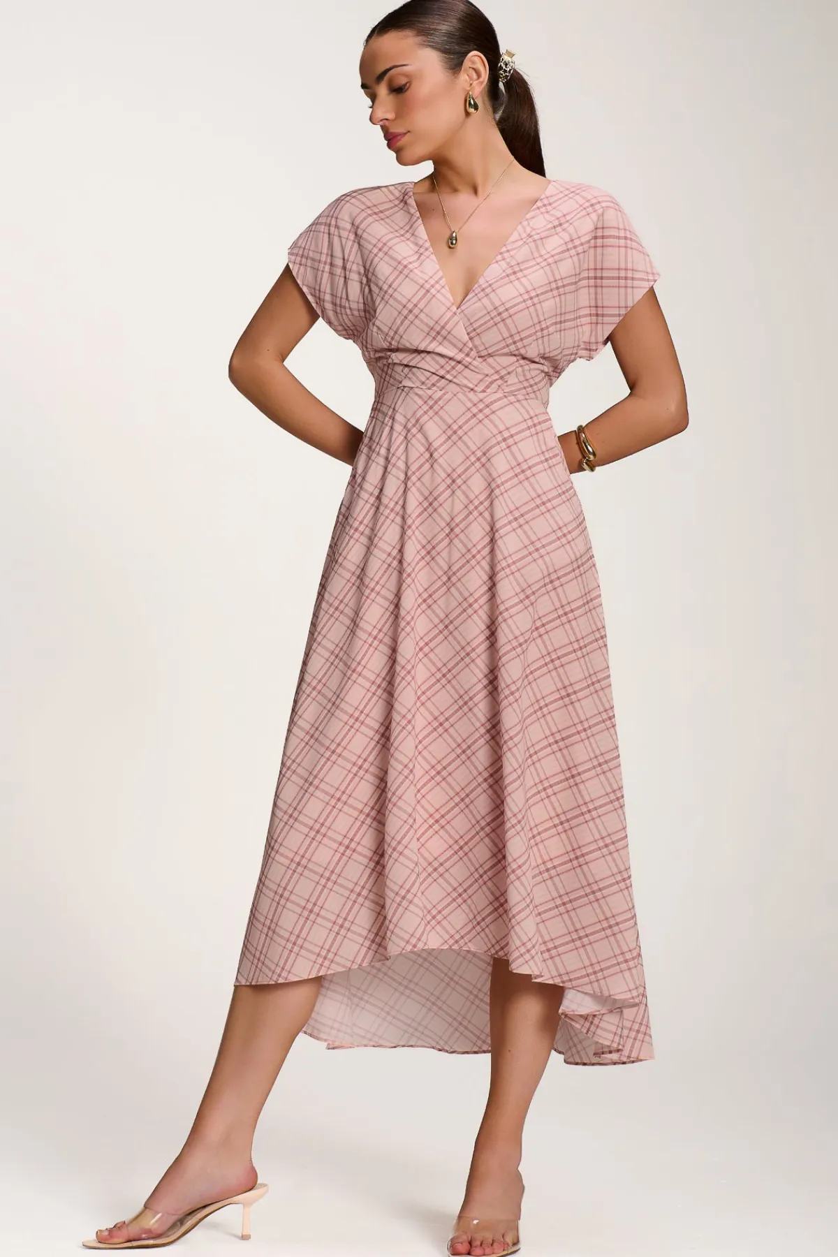 Jolie Moi Occasion Dresses|Printed Dresses-Check Print Maxi Dress, Pink Check