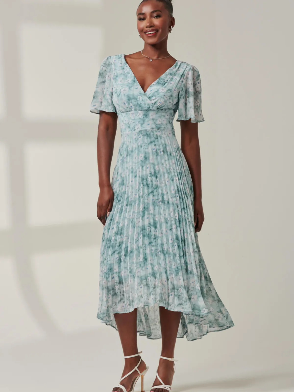 Jolie Moi Occasion Dresses|Floral Dresses-Chelsea Pleated Chiffon Dip Hem Maxi Dress, Blue Abstract