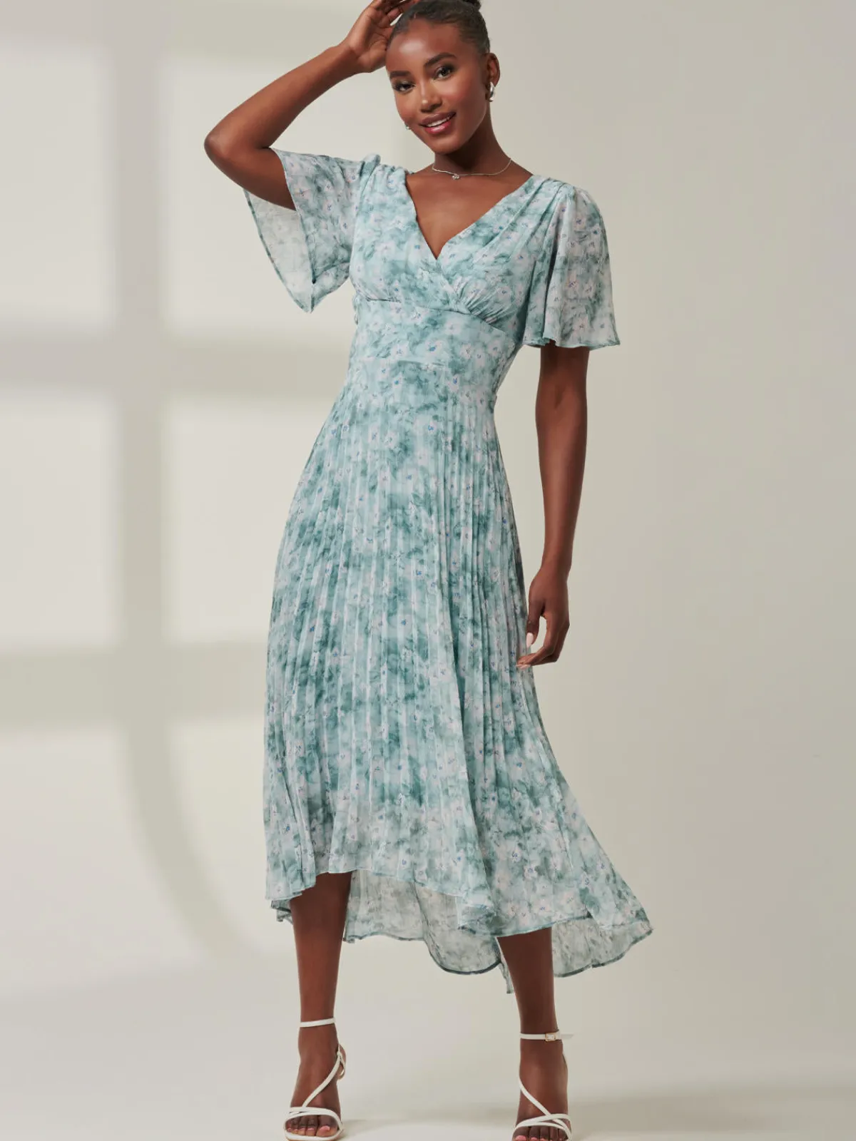 Jolie Moi Occasion Dresses|Floral Dresses-Chelsea Pleated Chiffon Dip Hem Maxi Dress, Blue Abstract