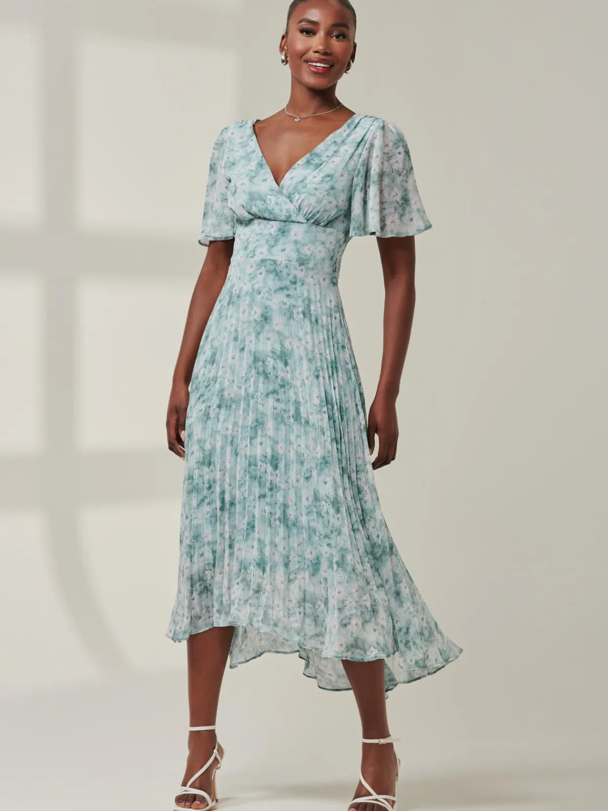 Jolie Moi Occasion Dresses|Floral Dresses-Chelsea Pleated Chiffon Dip Hem Maxi Dress, Blue Abstract