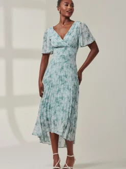 Jolie Moi Occasion Dresses|Floral Dresses-Chelsea Pleated Chiffon Dip Hem Maxi Dress, Blue Abstract