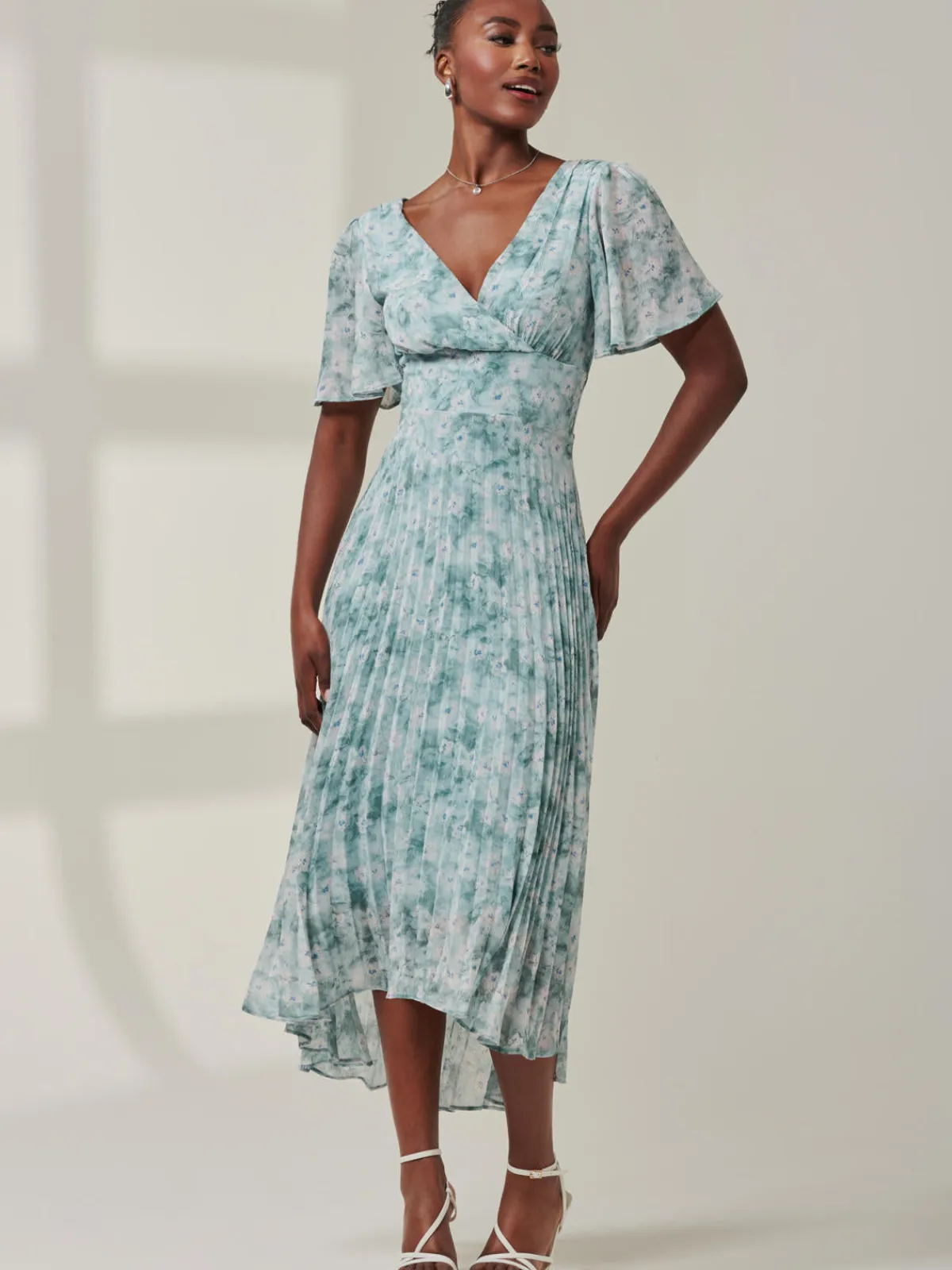 Jolie Moi Occasion Dresses|Floral Dresses-Chelsea Pleated Chiffon Dip Hem Maxi Dress, Blue Abstract