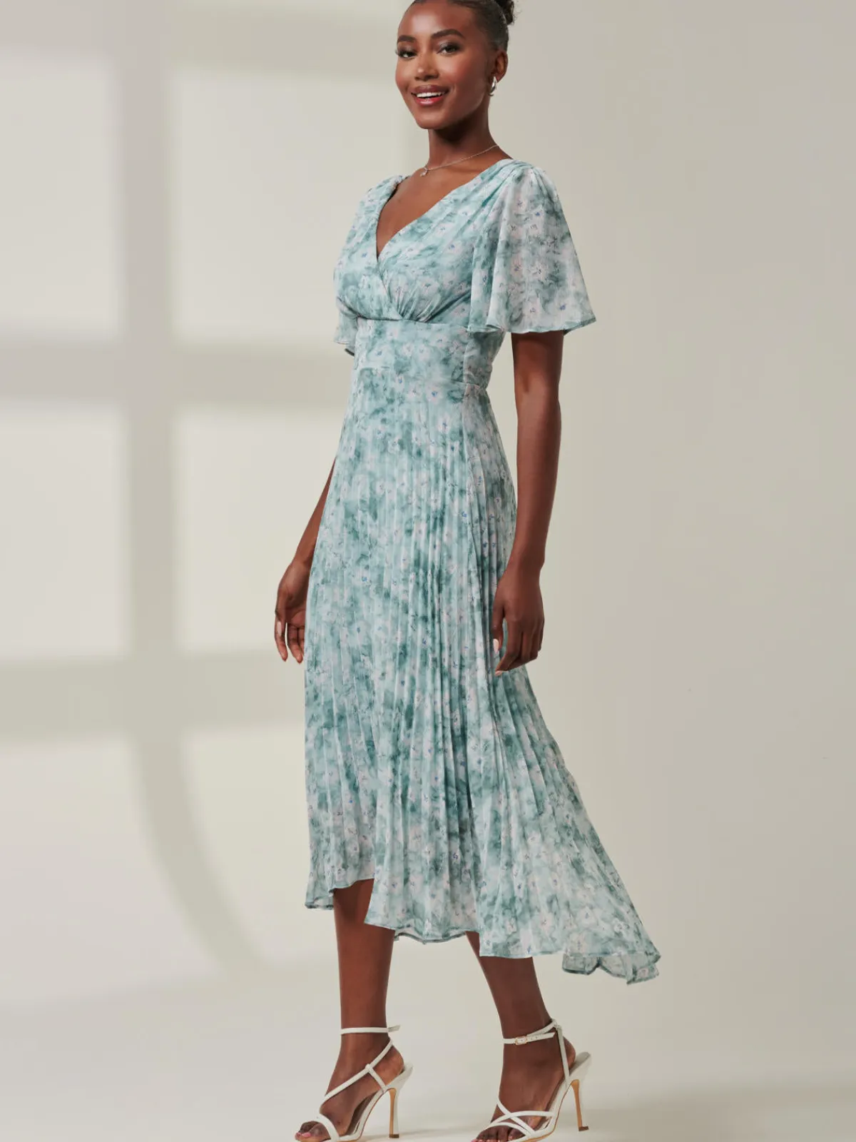 Jolie Moi Occasion Dresses|Floral Dresses-Chelsea Pleated Chiffon Dip Hem Maxi Dress, Blue Abstract