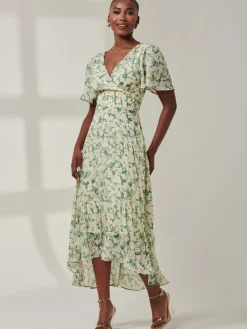 Jolie Moi Occasion Dresses|Office Dresses-Chelsea Pleated Chiffon Dip Hem Maxi Dress, Green Abstract