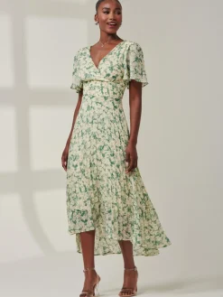 Jolie Moi Occasion Dresses|Office Dresses-Chelsea Pleated Chiffon Dip Hem Maxi Dress, Green Abstract