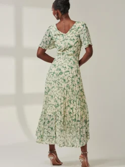 Jolie Moi Occasion Dresses|Office Dresses-Chelsea Pleated Chiffon Dip Hem Maxi Dress, Green Abstract
