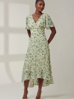 Jolie Moi Occasion Dresses|Office Dresses-Chelsea Pleated Chiffon Dip Hem Maxi Dress, Green Abstract