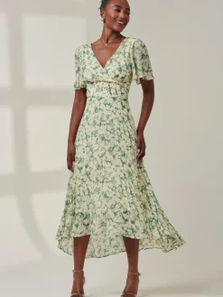 Jolie Moi Occasion Dresses|Office Dresses-Chelsea Pleated Chiffon Dip Hem Maxi Dress, Green Abstract