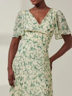 Jolie Moi Occasion Dresses|Office Dresses-Chelsea Pleated Chiffon Dip Hem Maxi Dress, Green Abstract