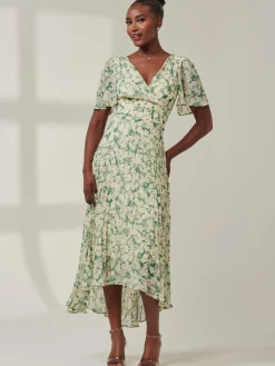 Jolie Moi Occasion Dresses|Office Dresses-Chelsea Pleated Chiffon Dip Hem Maxi Dress, Green Abstract