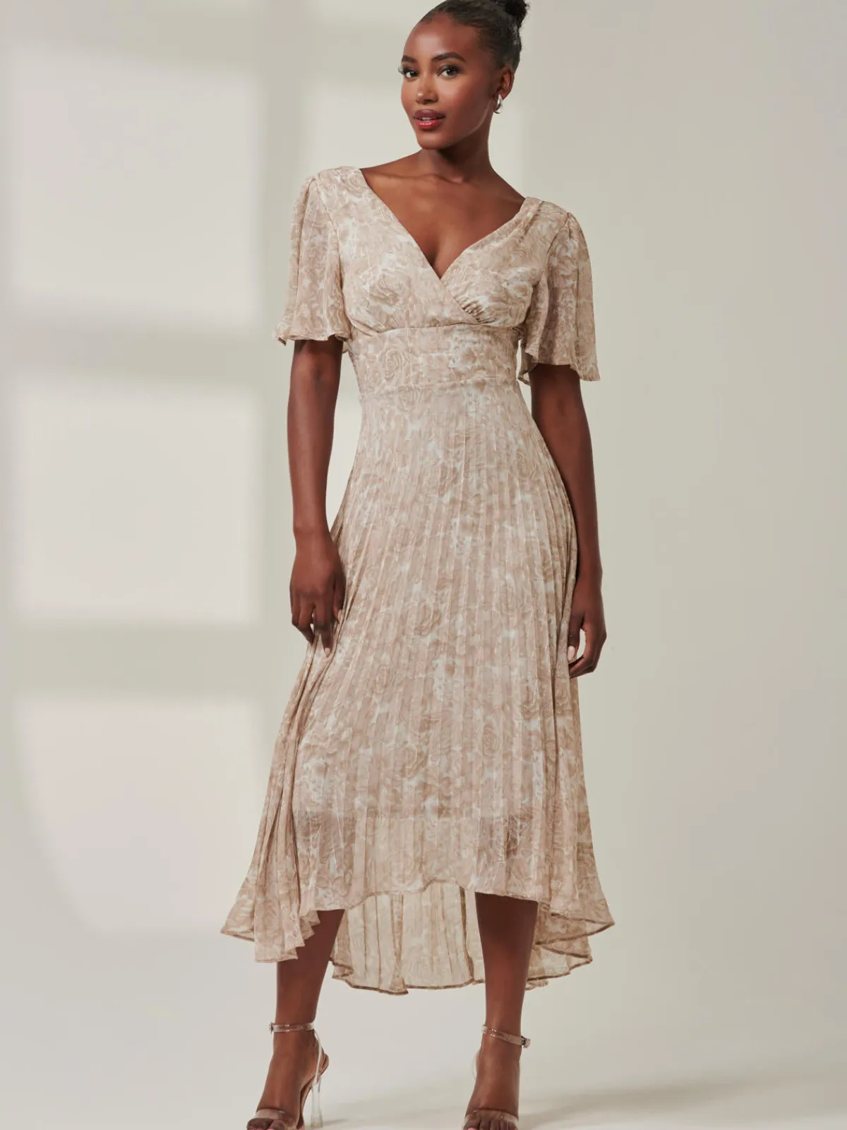 Jolie Moi Occasion Dresses|Office Dresses-Chelsea Pleated Chiffon Dip Hem Maxi Dress, Taupe Multi