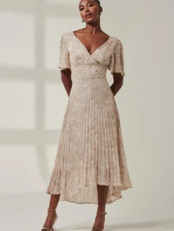 Jolie Moi Occasion Dresses|Office Dresses-Chelsea Pleated Chiffon Dip Hem Maxi Dress, Taupe Multi