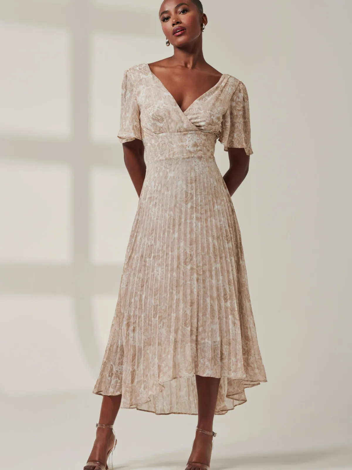 Jolie Moi Occasion Dresses|Office Dresses-Chelsea Pleated Chiffon Dip Hem Maxi Dress, Taupe Multi