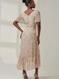 Jolie Moi Occasion Dresses|Office Dresses-Chelsea Pleated Chiffon Dip Hem Maxi Dress, Taupe Multi