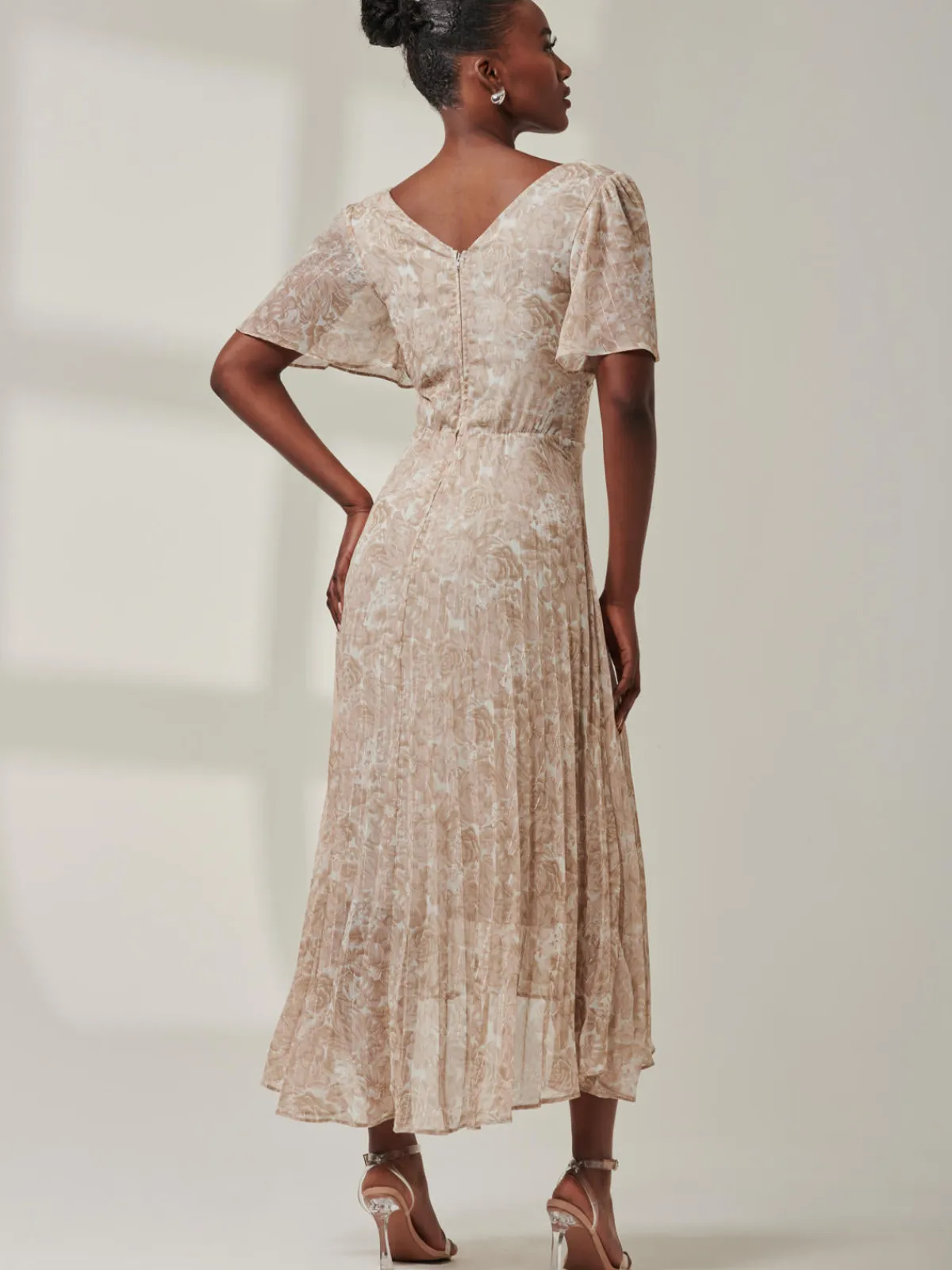 Jolie Moi Occasion Dresses|Office Dresses-Chelsea Pleated Chiffon Dip Hem Maxi Dress, Taupe Multi