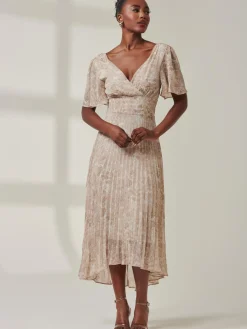 Jolie Moi Occasion Dresses|Office Dresses-Chelsea Pleated Chiffon Dip Hem Maxi Dress, Taupe Multi