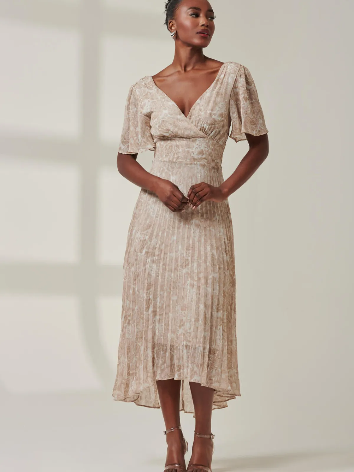 Jolie Moi Occasion Dresses|Office Dresses-Chelsea Pleated Chiffon Dip Hem Maxi Dress, Taupe Multi