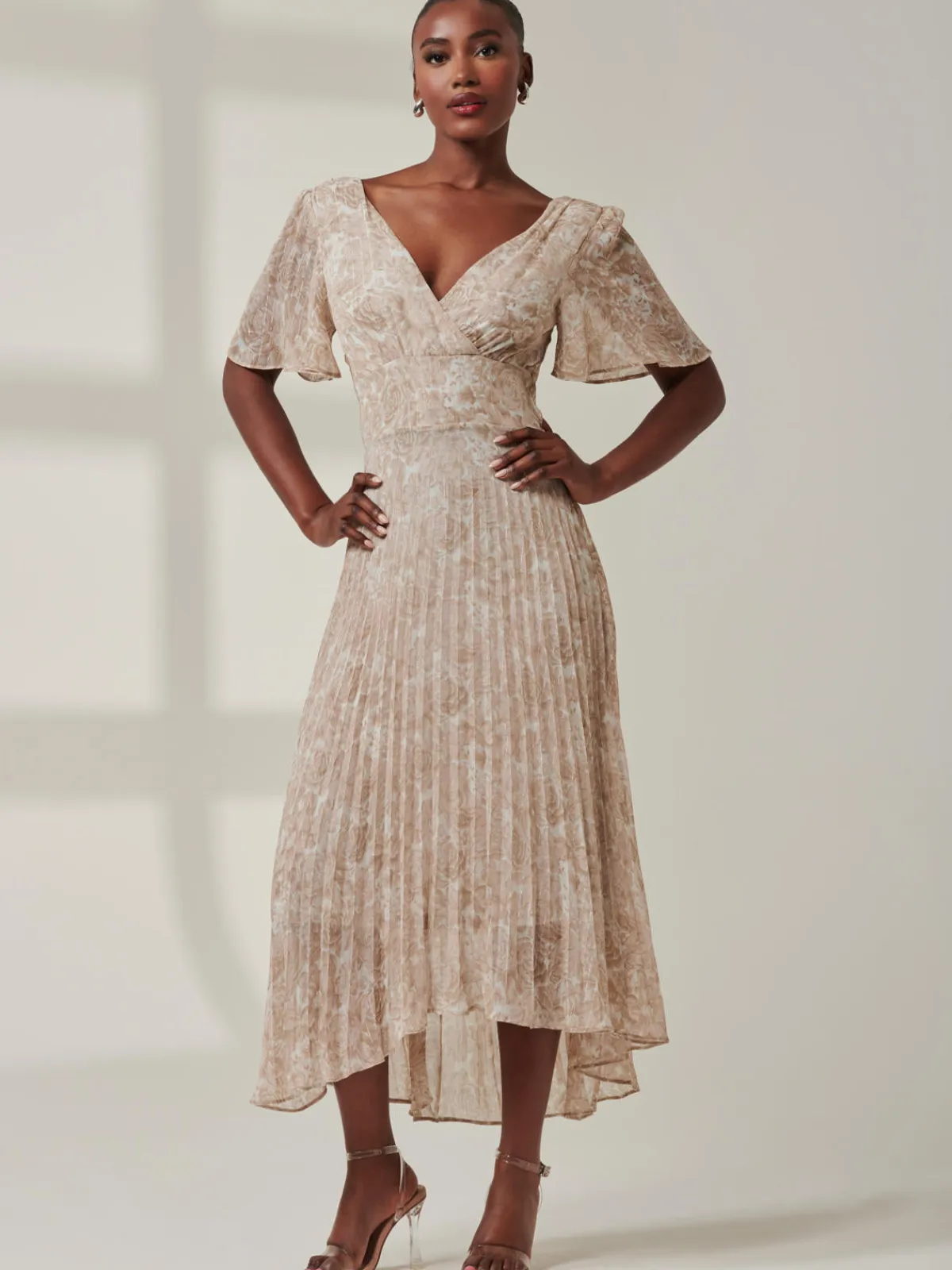Jolie Moi Occasion Dresses|Office Dresses-Chelsea Pleated Chiffon Dip Hem Maxi Dress, Taupe Multi