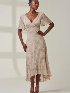 Jolie Moi Occasion Dresses|Office Dresses-Chelsea Pleated Chiffon Dip Hem Maxi Dress, Taupe Multi