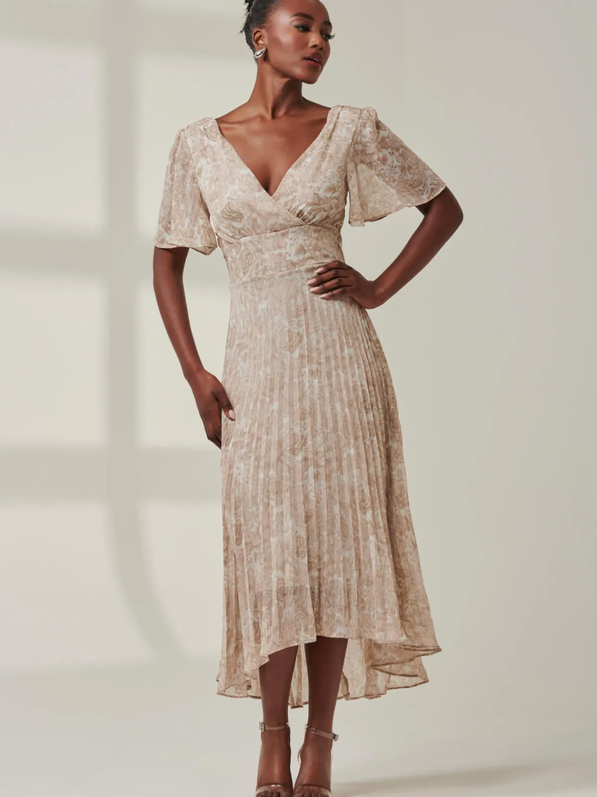 Jolie Moi Occasion Dresses|Office Dresses-Chelsea Pleated Chiffon Dip Hem Maxi Dress, Taupe Multi