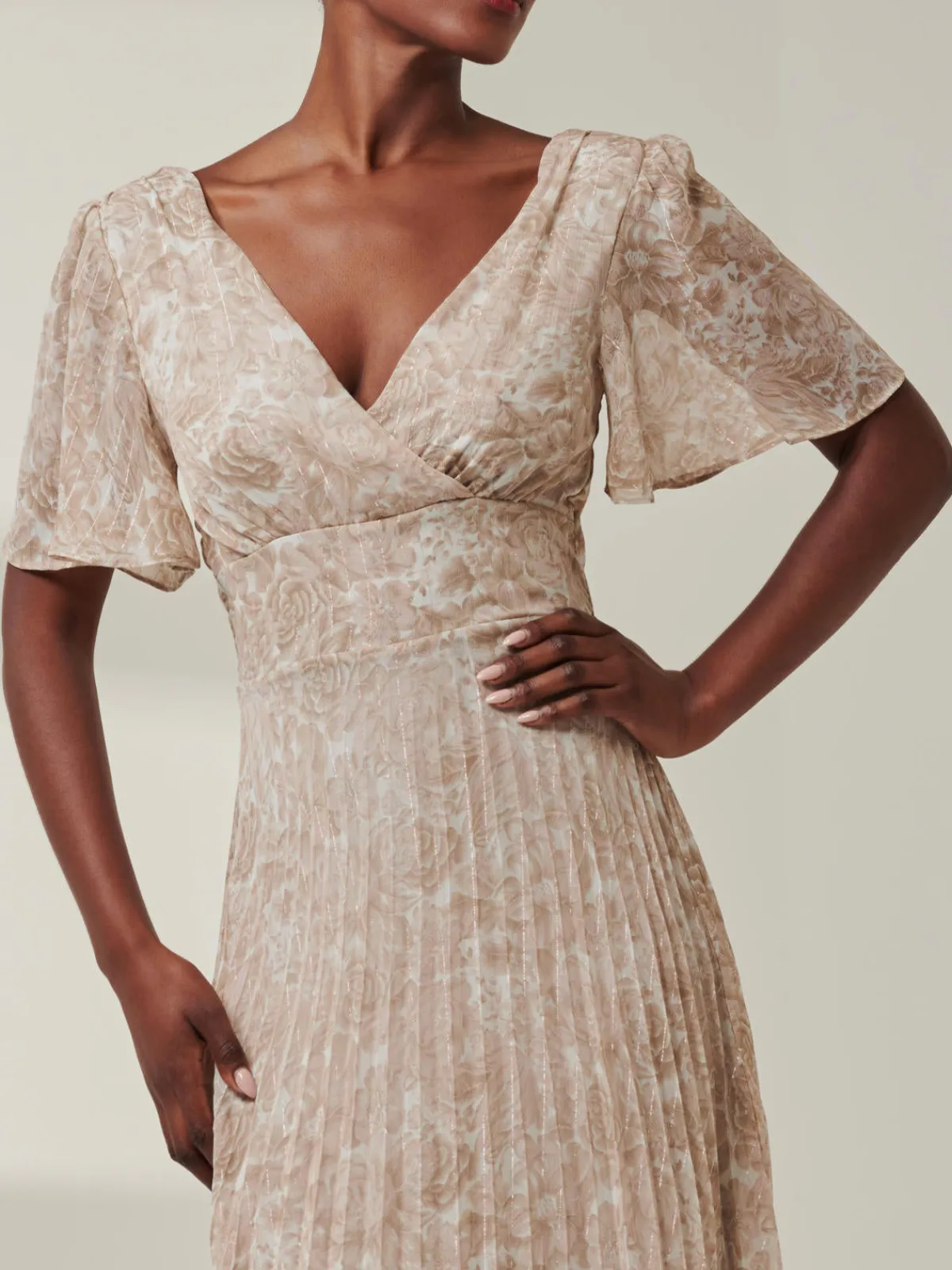 Jolie Moi Occasion Dresses|Office Dresses-Chelsea Pleated Chiffon Dip Hem Maxi Dress, Taupe Multi
