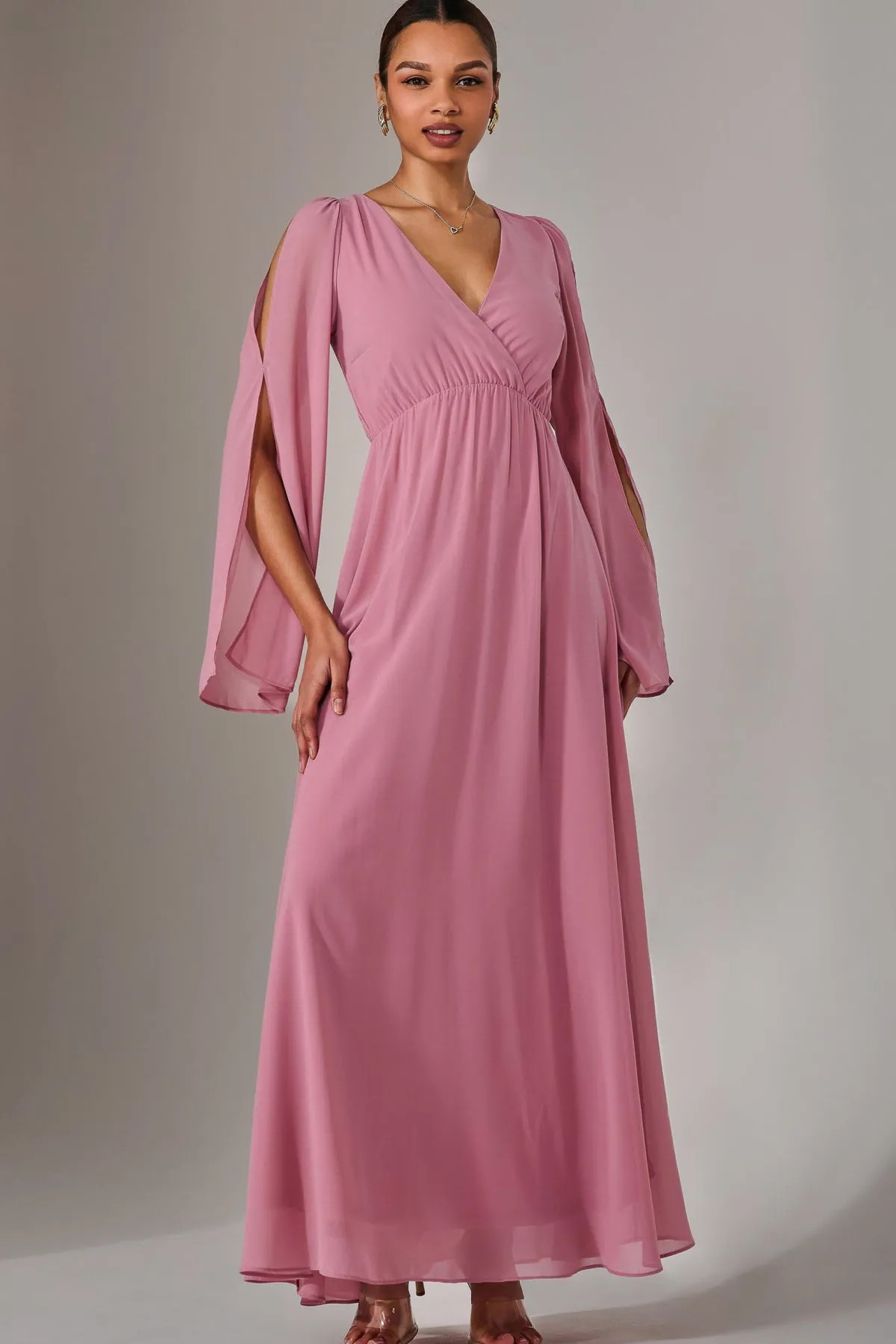 Jolie Moi Occasion Dresses|Long Sleeved Dresses-Chiffon Cap Sleeve Maxi Dress, Dusty Pink