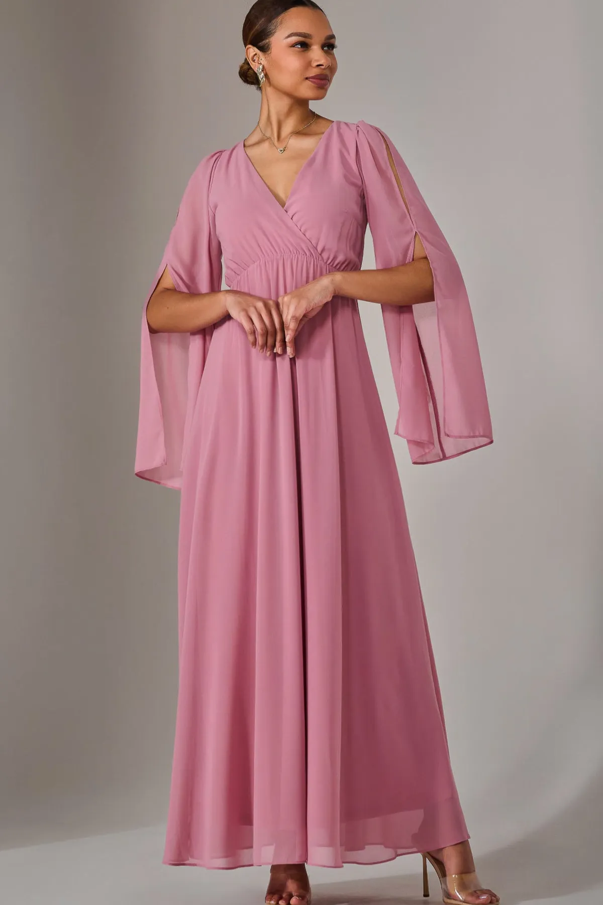 Jolie Moi Occasion Dresses|Long Sleeved Dresses-Chiffon Cap Sleeve Maxi Dress, Dusty Pink