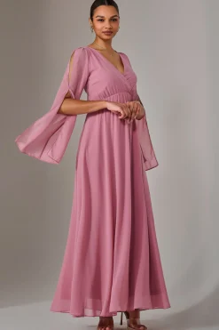 Jolie Moi Occasion Dresses|Long Sleeved Dresses-Chiffon Cap Sleeve Maxi Dress, Dusty Pink