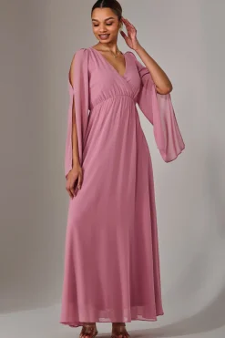 Jolie Moi Occasion Dresses|Long Sleeved Dresses-Chiffon Cap Sleeve Maxi Dress, Dusty Pink