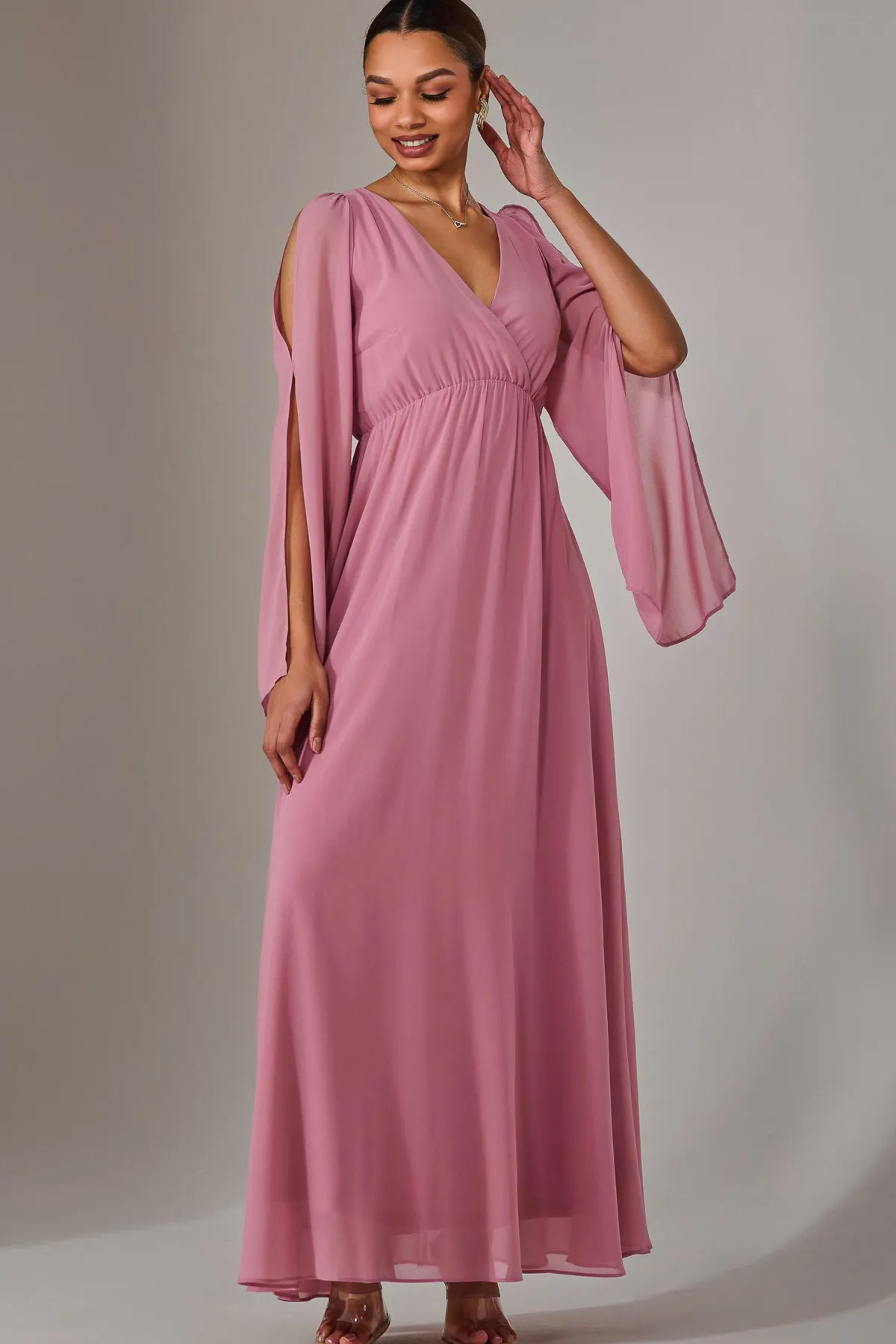 Jolie Moi Occasion Dresses|Long Sleeved Dresses-Chiffon Cap Sleeve Maxi Dress, Dusty Pink