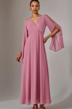 Jolie Moi Occasion Dresses|Long Sleeved Dresses-Chiffon Cap Sleeve Maxi Dress, Dusty Pink