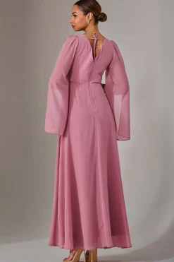 Jolie Moi Occasion Dresses|Long Sleeved Dresses-Chiffon Cap Sleeve Maxi Dress, Dusty Pink