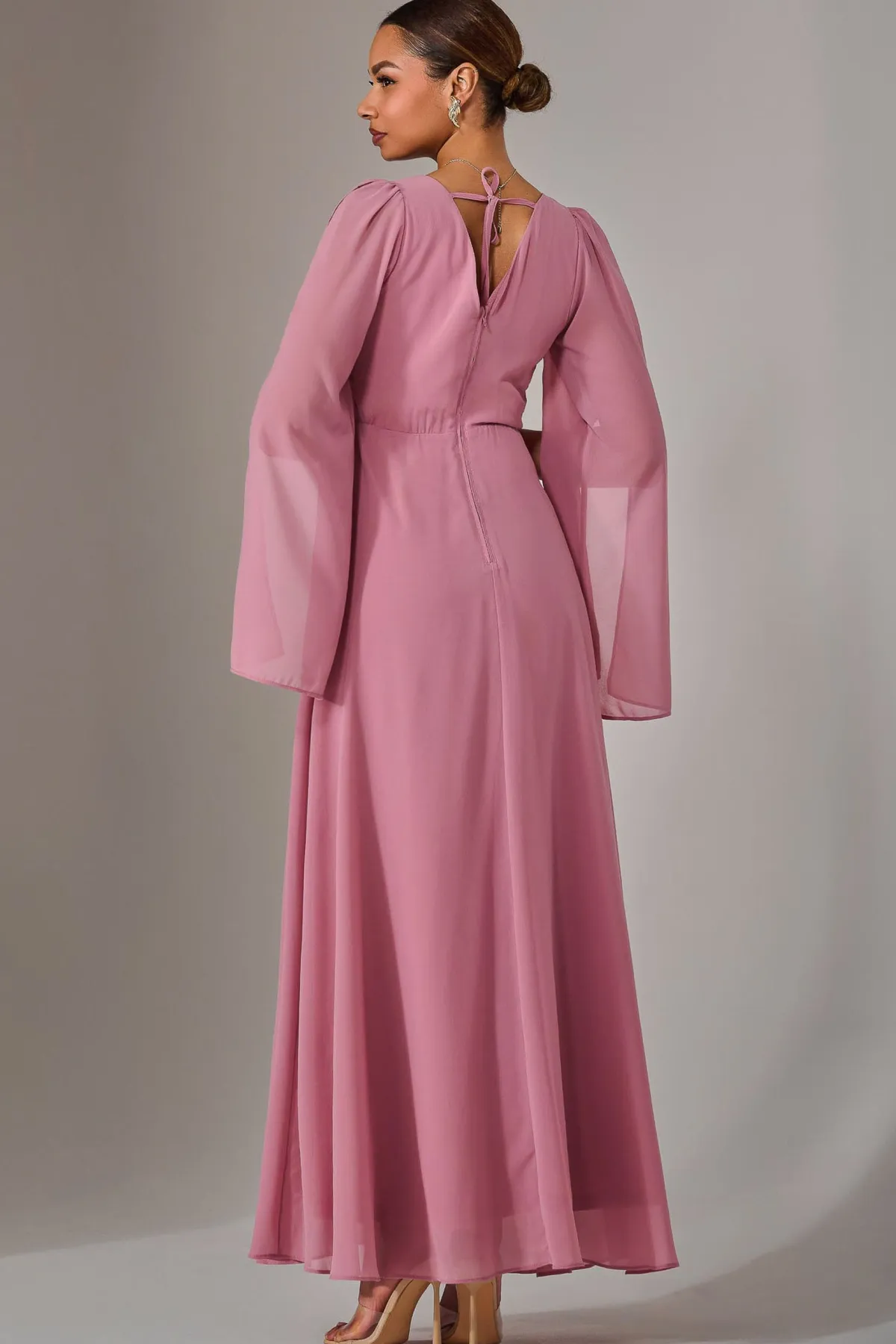 Jolie Moi Occasion Dresses|Long Sleeved Dresses-Chiffon Cap Sleeve Maxi Dress, Dusty Pink