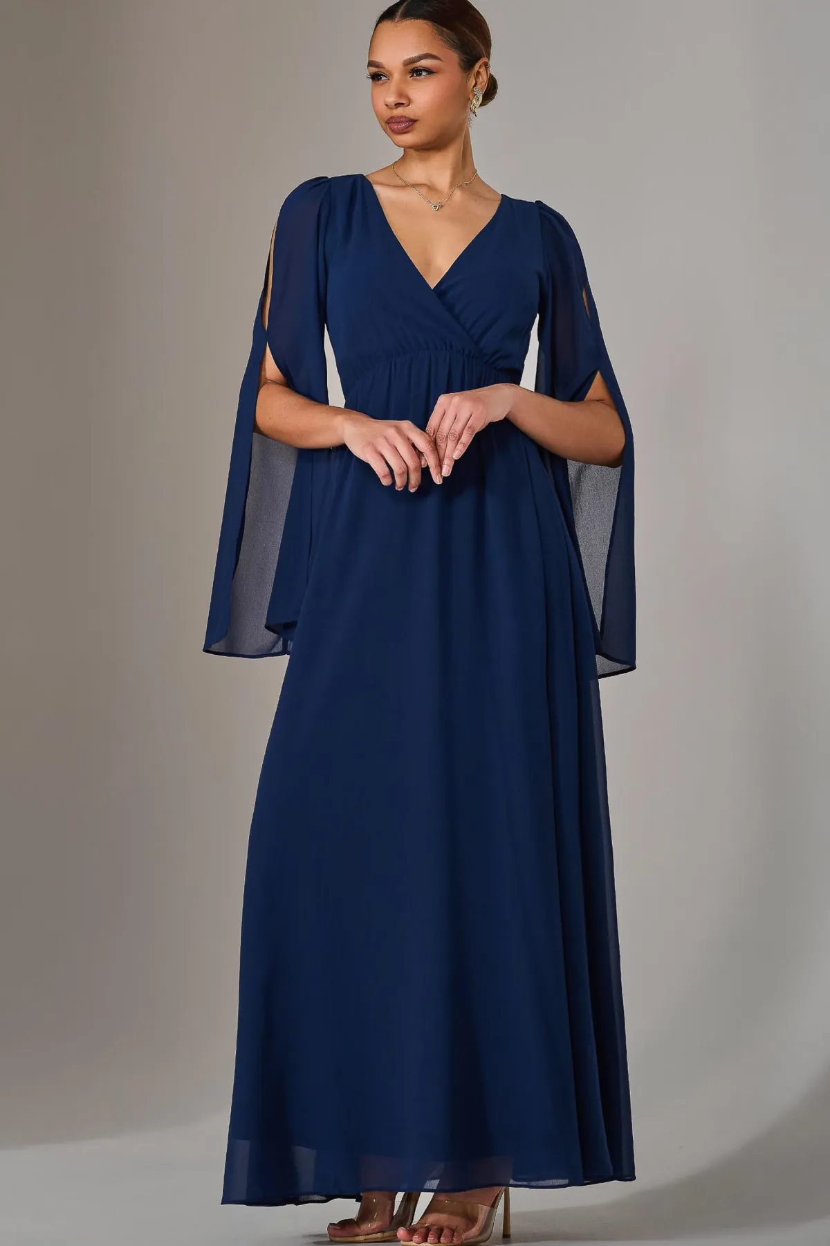 Jolie Moi Occasion Dresses|Long Sleeved Dresses-Chiffon Cap Sleeve Maxi Dress, Navy