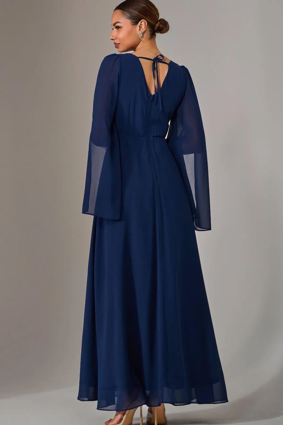 Jolie Moi Occasion Dresses|Long Sleeved Dresses-Chiffon Cap Sleeve Maxi Dress, Navy