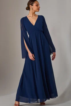 Jolie Moi Occasion Dresses|Long Sleeved Dresses-Chiffon Cap Sleeve Maxi Dress, Navy
